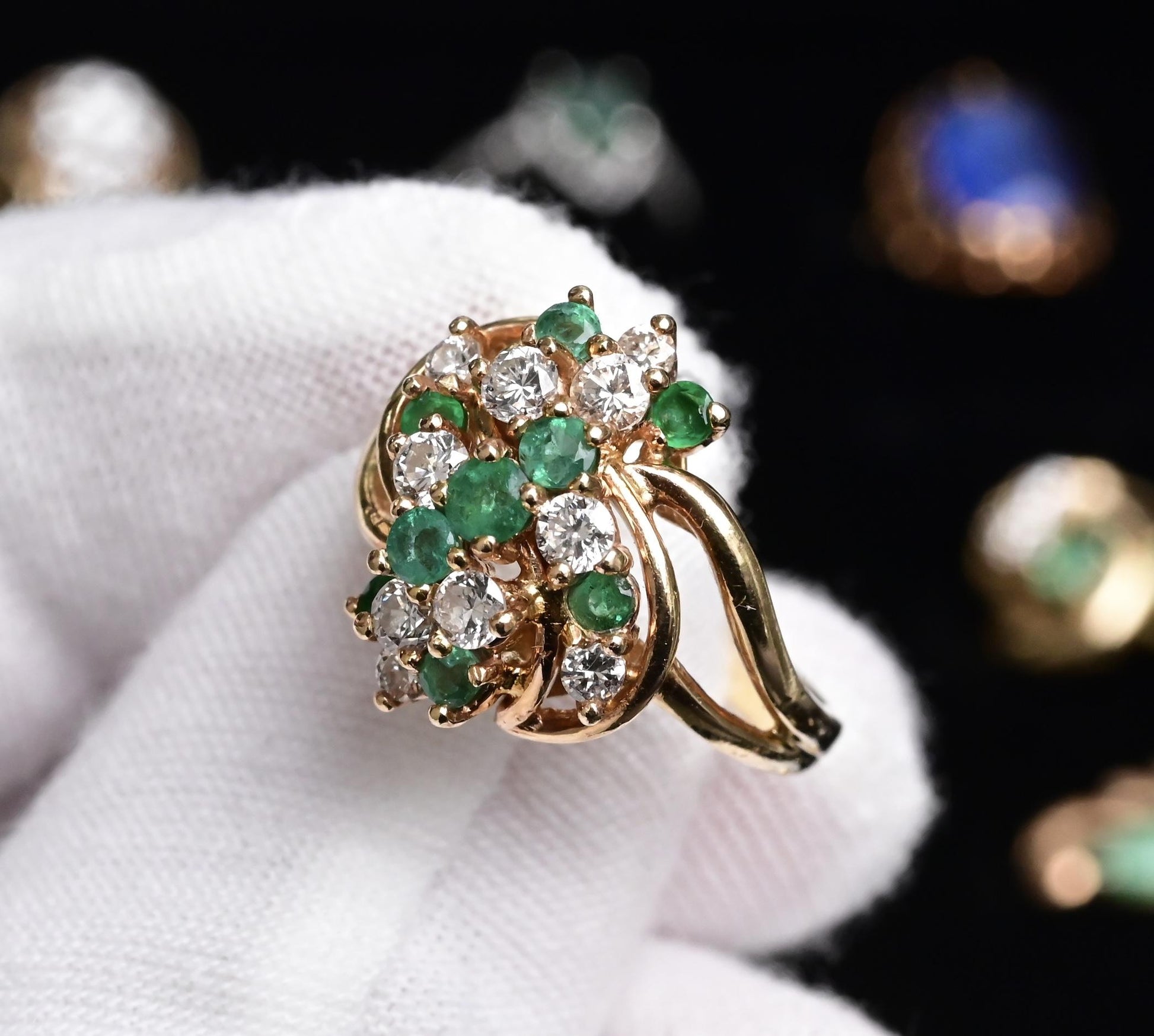 IGI Certified 14K Yellow Gold Emerald & Diamond Cluster Ring Size 4.75