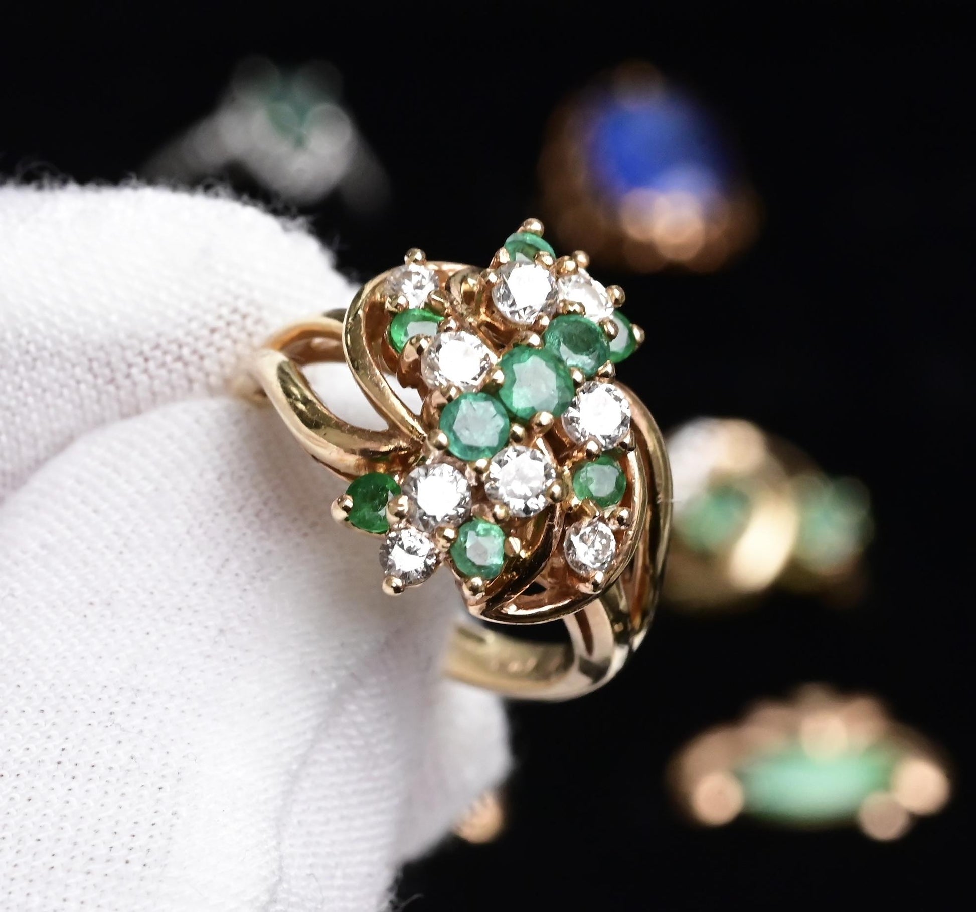 IGI Certified 14K Yellow Gold Emerald & Diamond Cluster Ring Size 4.75