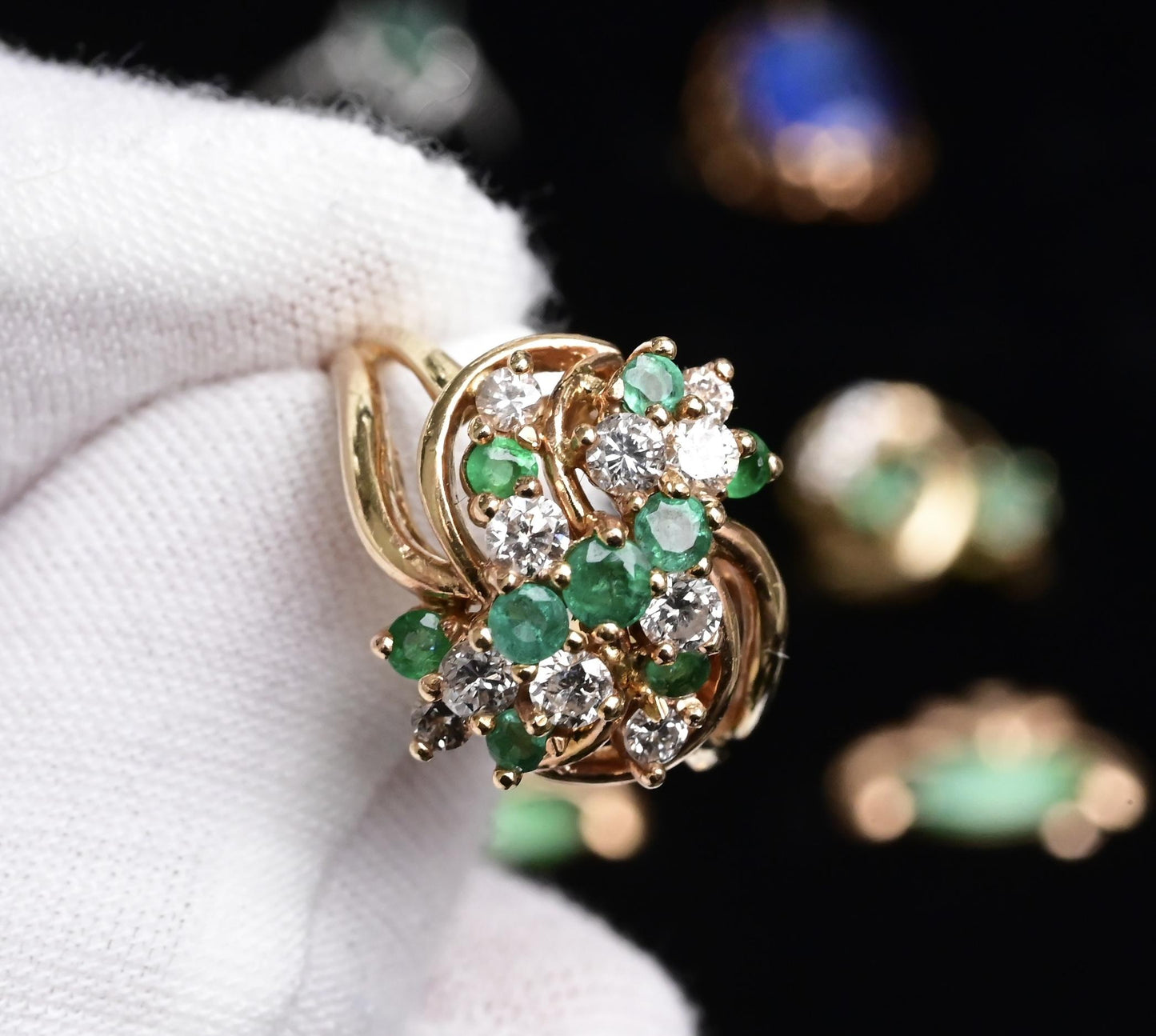 IGI Certified 14K Yellow Gold Emerald & Diamond Cluster Ring Size 4.75
