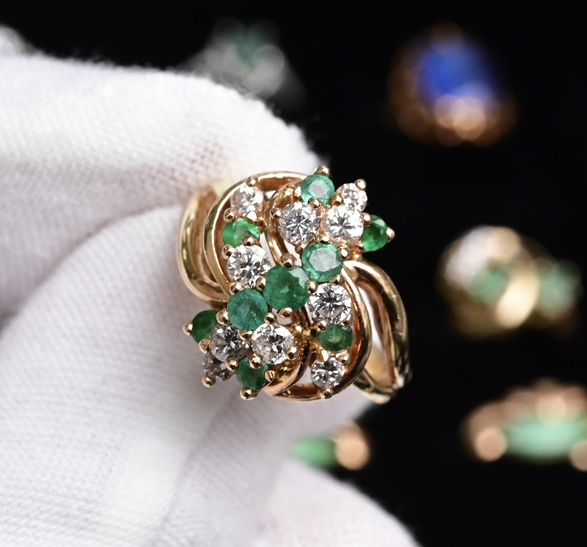 IGI Certified 14K Yellow Gold Emerald & Diamond Cluster Ring Size 4.75