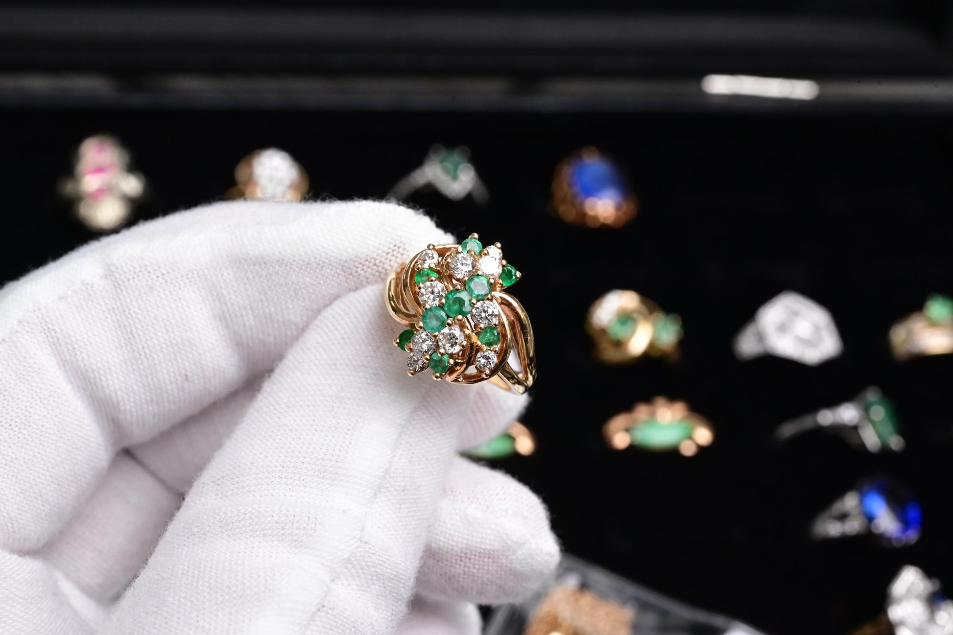IGI Certified 14K Yellow Gold Emerald & Diamond Cluster Ring Size 4.75