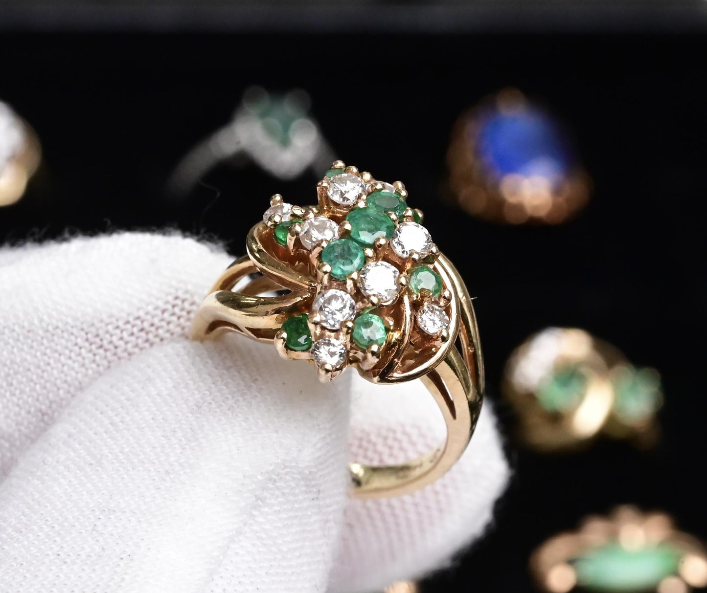 IGI Certified 14K Yellow Gold Emerald & Diamond Cluster Ring Size 4.75