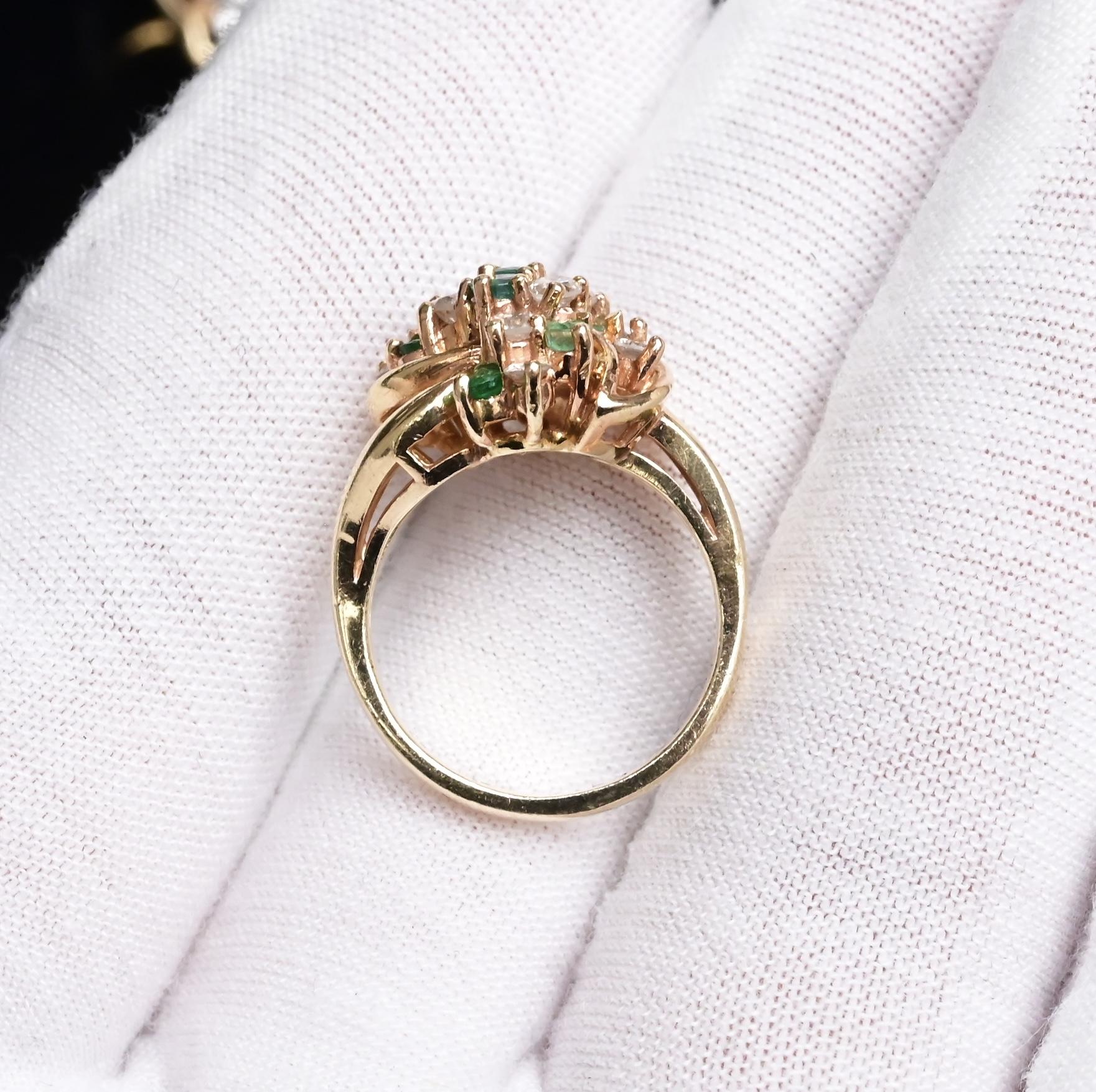 IGI Certified 14K Yellow Gold Emerald & Diamond Cluster Ring Size 4.75