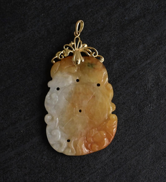 Vintage Carved Jade Pendant with 14K Gold Bail – 2.75" x 1.5", 16.71g Russet