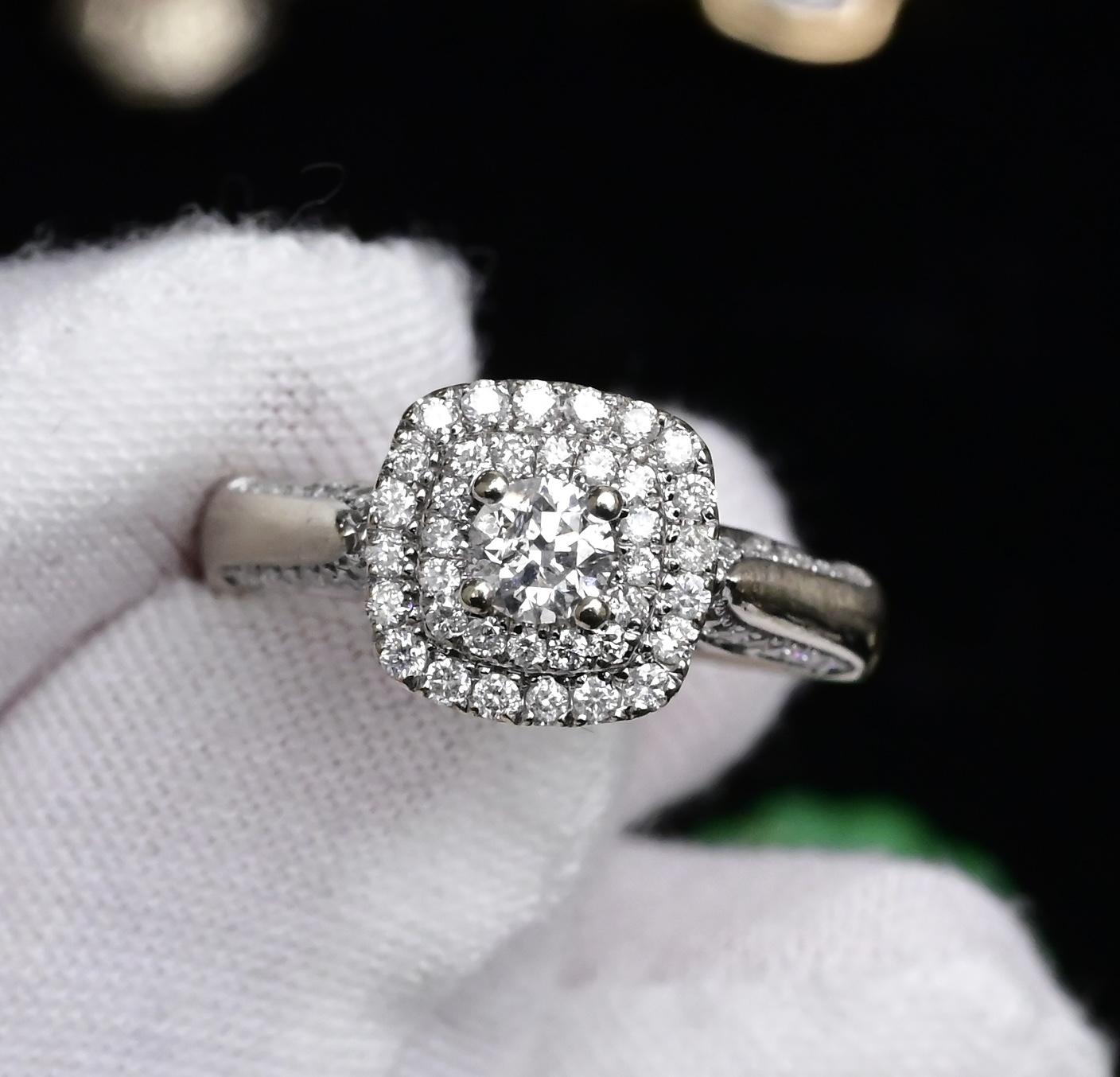 IGI Certified 10K White Gold Ring Natural Diamond & Sapphire Halo Size 6.75