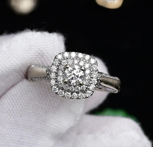 IGI Certified 10K White Gold Ring Natural Diamond & Sapphire Halo Size 6.75