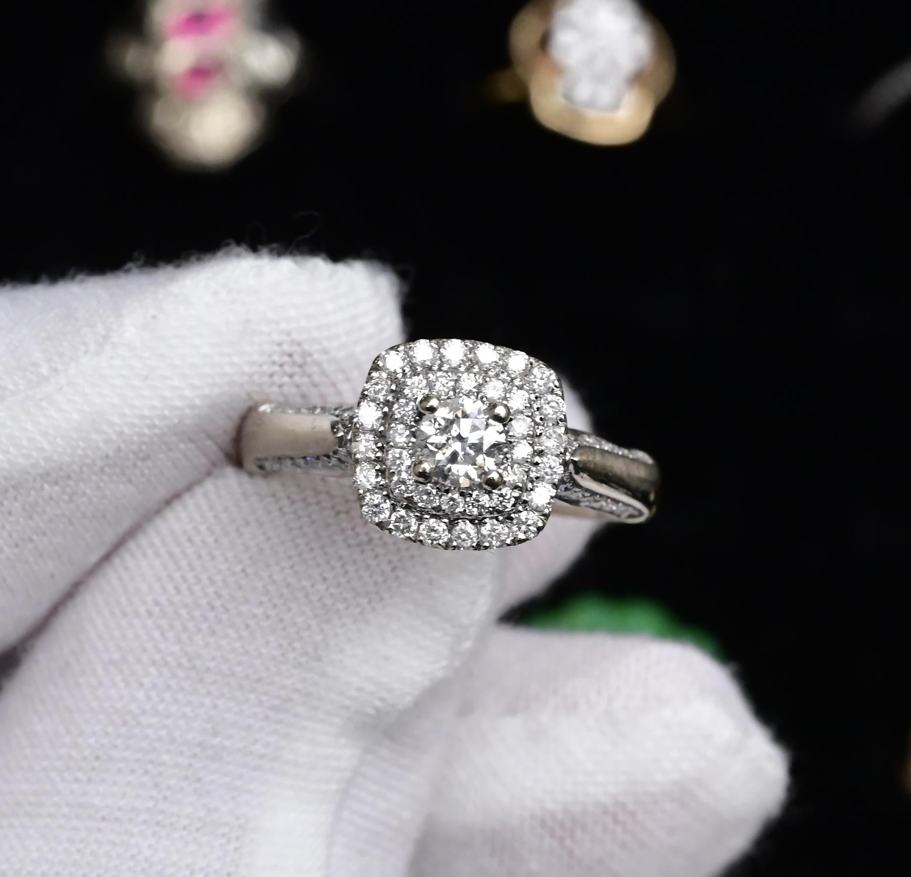IGI Certified 10K White Gold Ring Natural Diamond & Sapphire Halo Size 6.75