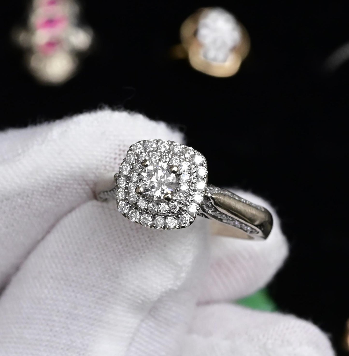 IGI Certified 10K White Gold Ring Natural Diamond & Sapphire Halo Size 6.75
