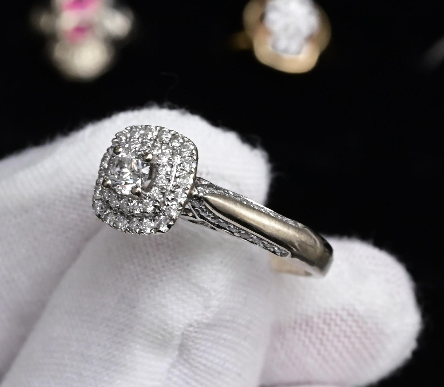 IGI Certified 10K White Gold Ring Natural Diamond & Sapphire Halo Size 6.75