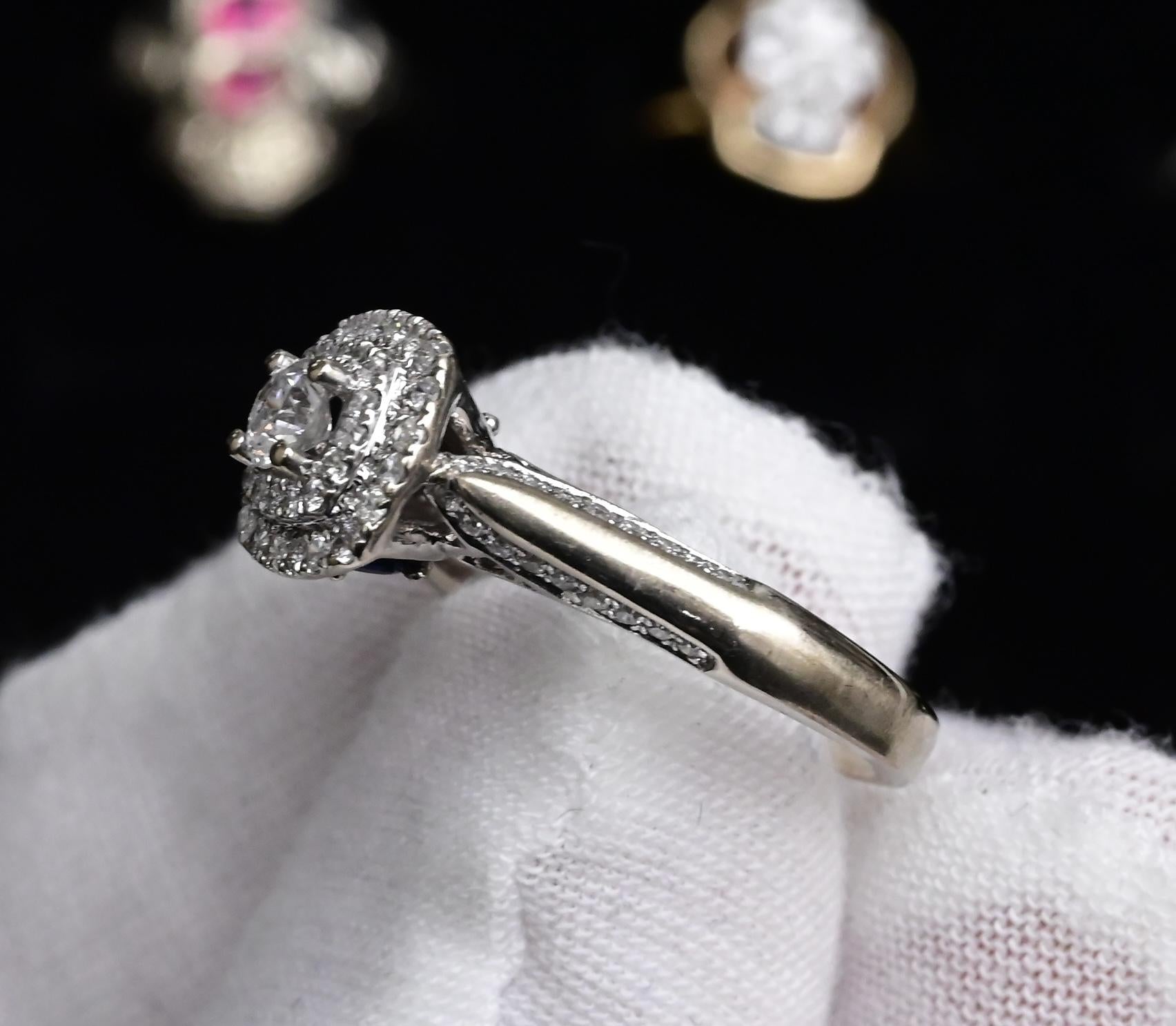 IGI Certified 10K White Gold Ring Natural Diamond & Sapphire Halo Size 6.75