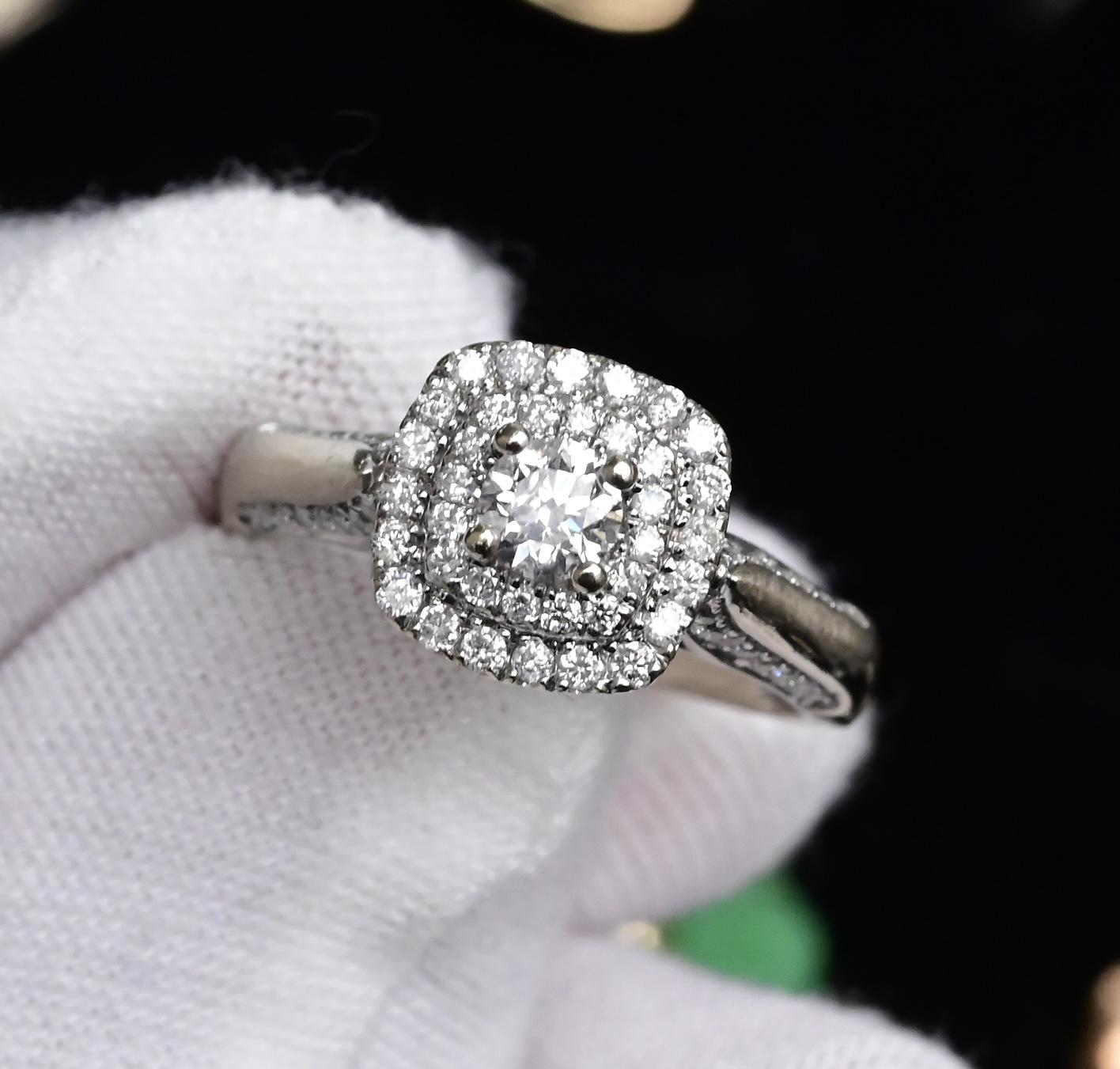 IGI Certified 10K White Gold Ring Natural Diamond & Sapphire Halo Size 6.75