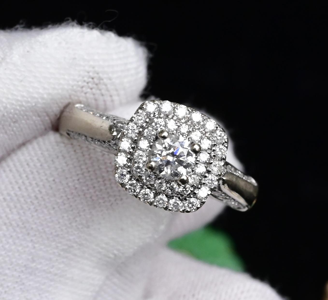 IGI Certified 10K White Gold Ring Natural Diamond & Sapphire Halo Size 6.75