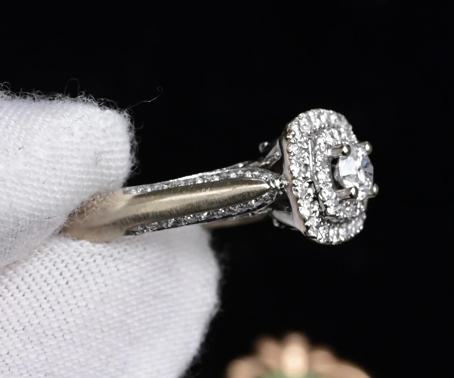 IGI Certified 10K White Gold Ring Natural Diamond & Sapphire Halo Size 6.75