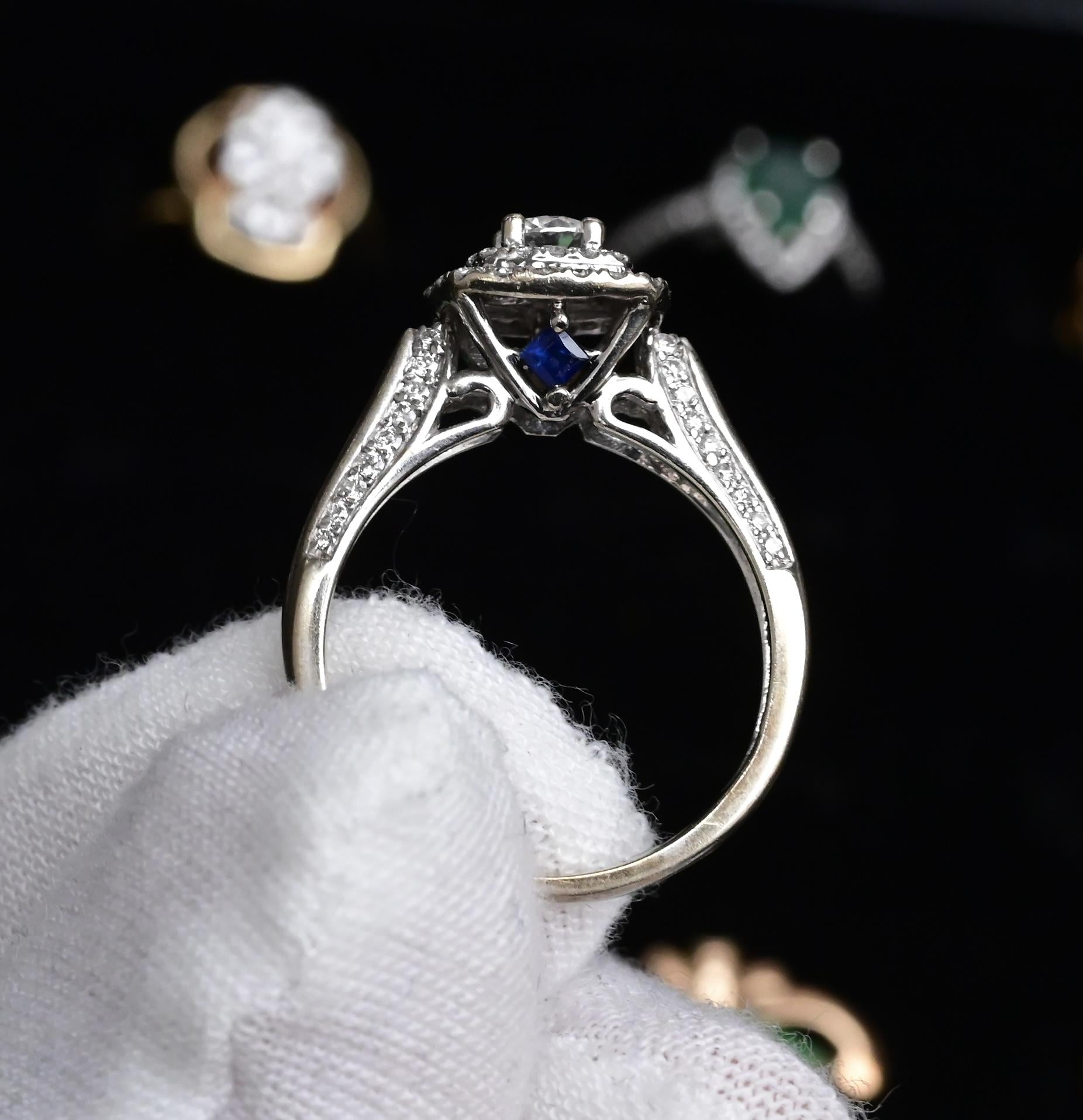 IGI Certified 10K White Gold Ring Natural Diamond & Sapphire Halo Size 6.75