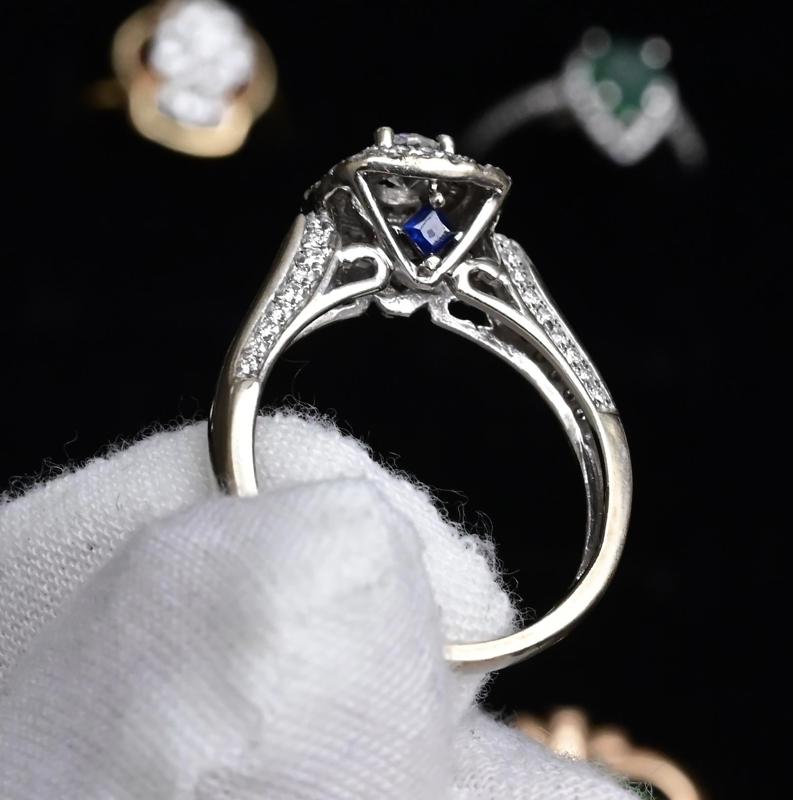IGI Certified 10K White Gold Ring Natural Diamond & Sapphire Halo Size 6.75