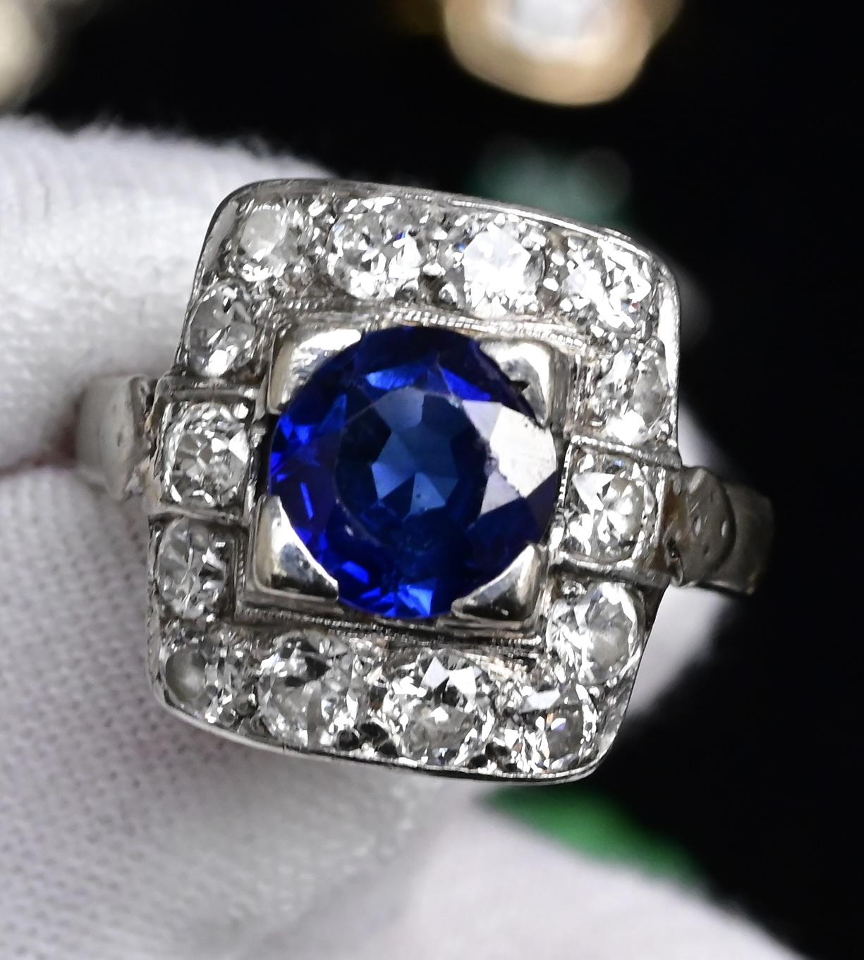 Art Deco 14K White Gold Diamond & Sapphire Ring Size 5 IGI Certified