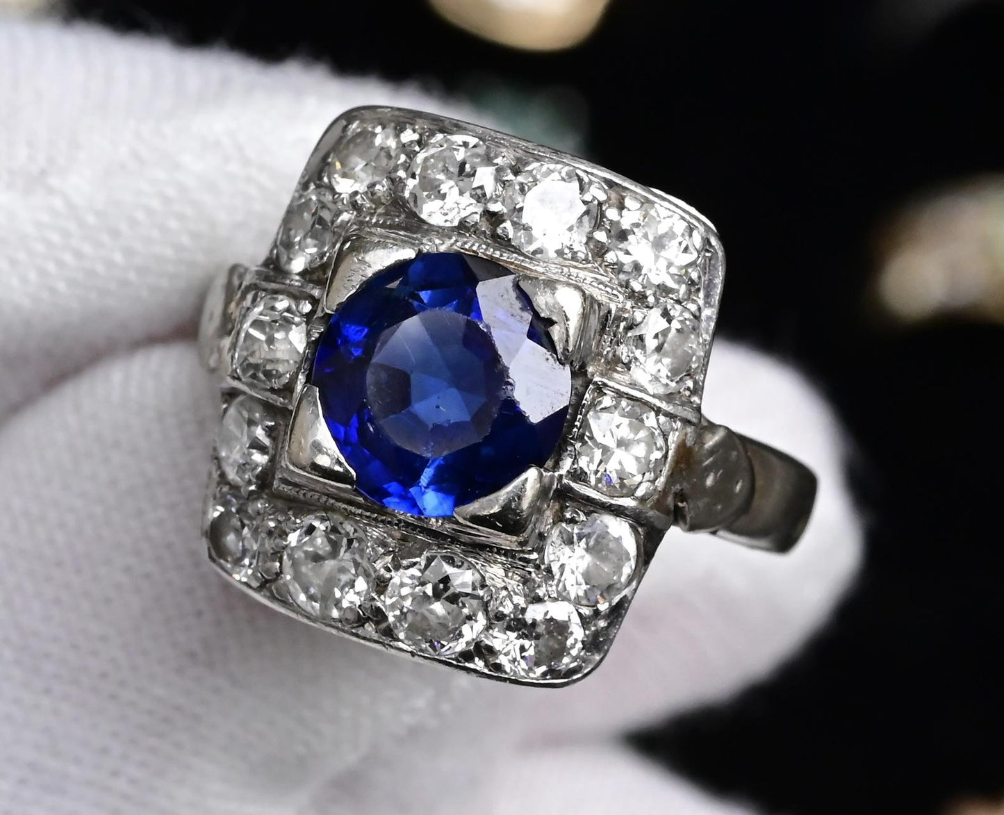 Art Deco 14K White Gold Diamond & Sapphire Ring Size 5 IGI Certified