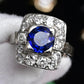 Art Deco 14K White Gold Diamond & Sapphire Ring Size 5 IGI Certified