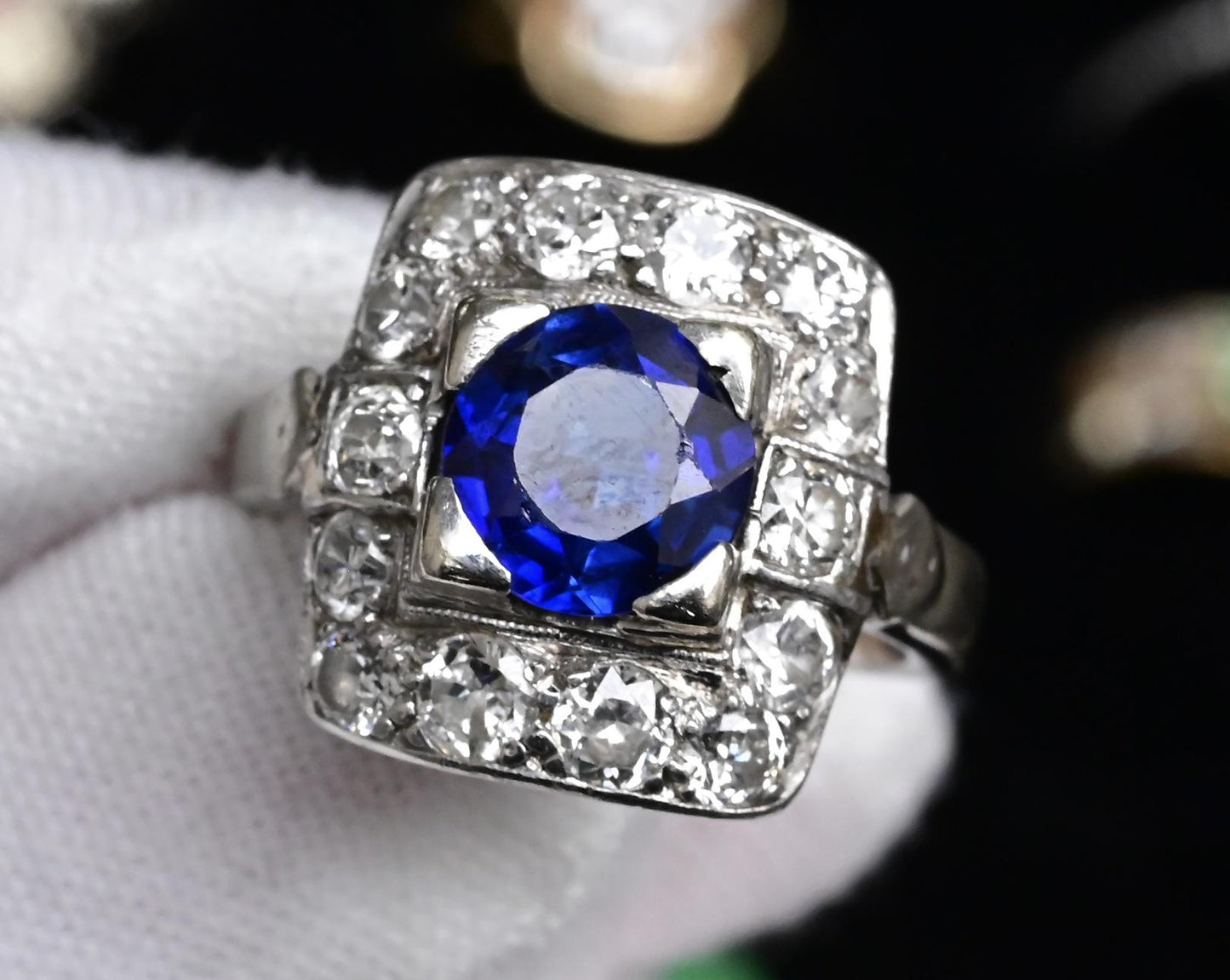 Art Deco 14K White Gold Diamond & Sapphire Ring Size 5 IGI Certified