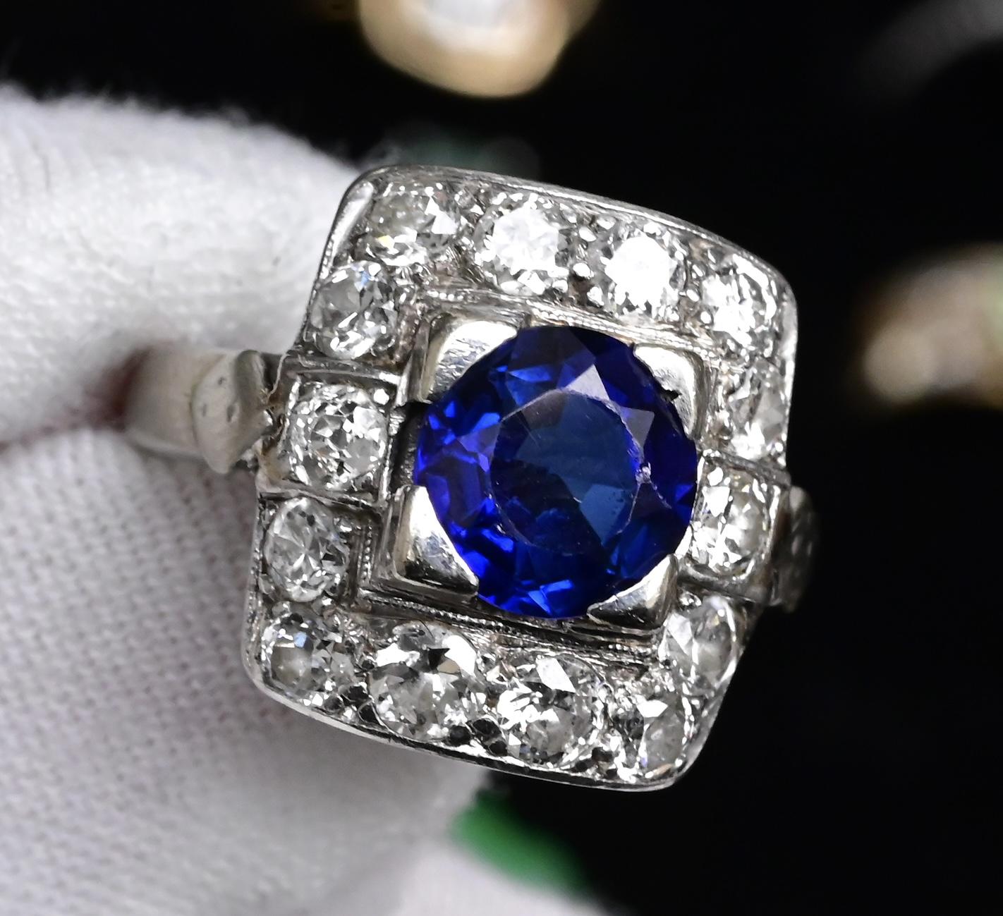 Art Deco 14K White Gold Diamond & Sapphire Ring Size 5 IGI Certified