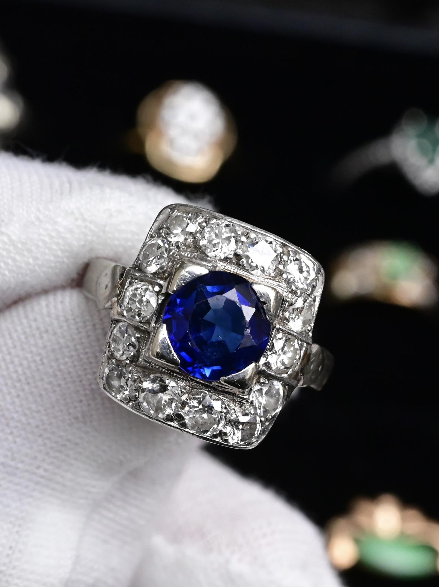 Art Deco 14K White Gold Diamond & Sapphire Ring Size 5 IGI Certified