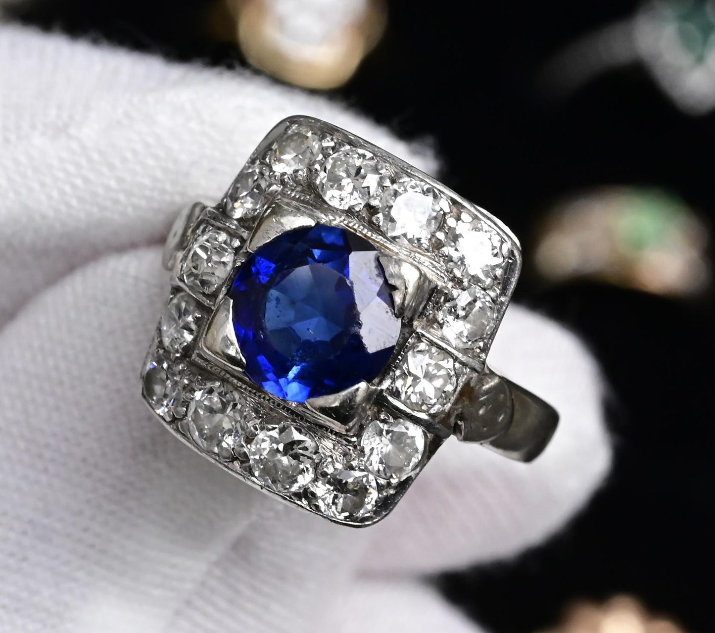 Art Deco 14K White Gold Diamond & Sapphire Ring Size 5 IGI Certified