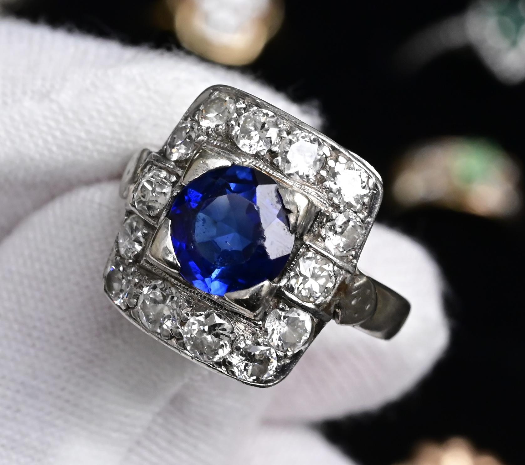 Art Deco 14K White Gold Diamond & Sapphire Ring Size 5 IGI Certified