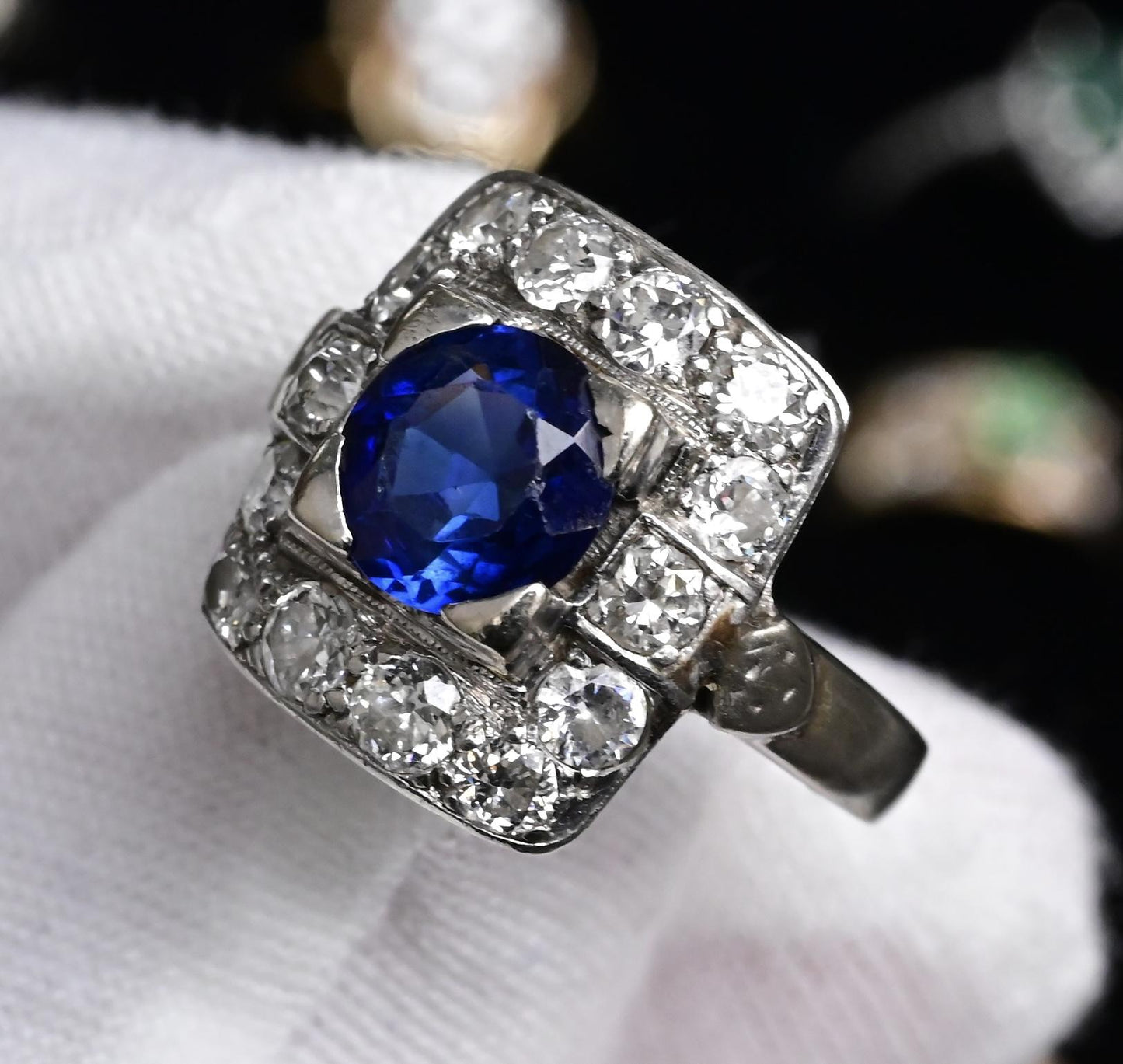 Art Deco 14K White Gold Diamond & Sapphire Ring Size 5 IGI Certified