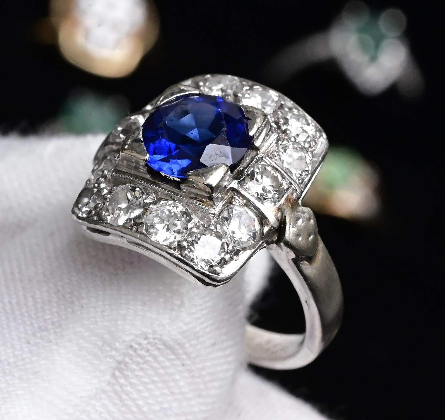 Art Deco 14K White Gold Diamond & Sapphire Ring Size 5 IGI Certified