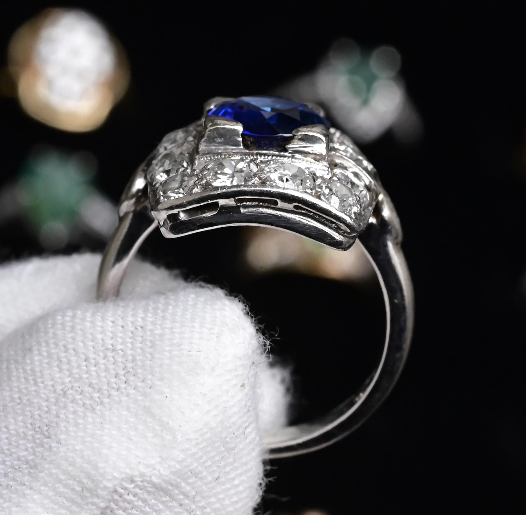 Art Deco 14K White Gold Diamond & Sapphire Ring Size 5 IGI Certified