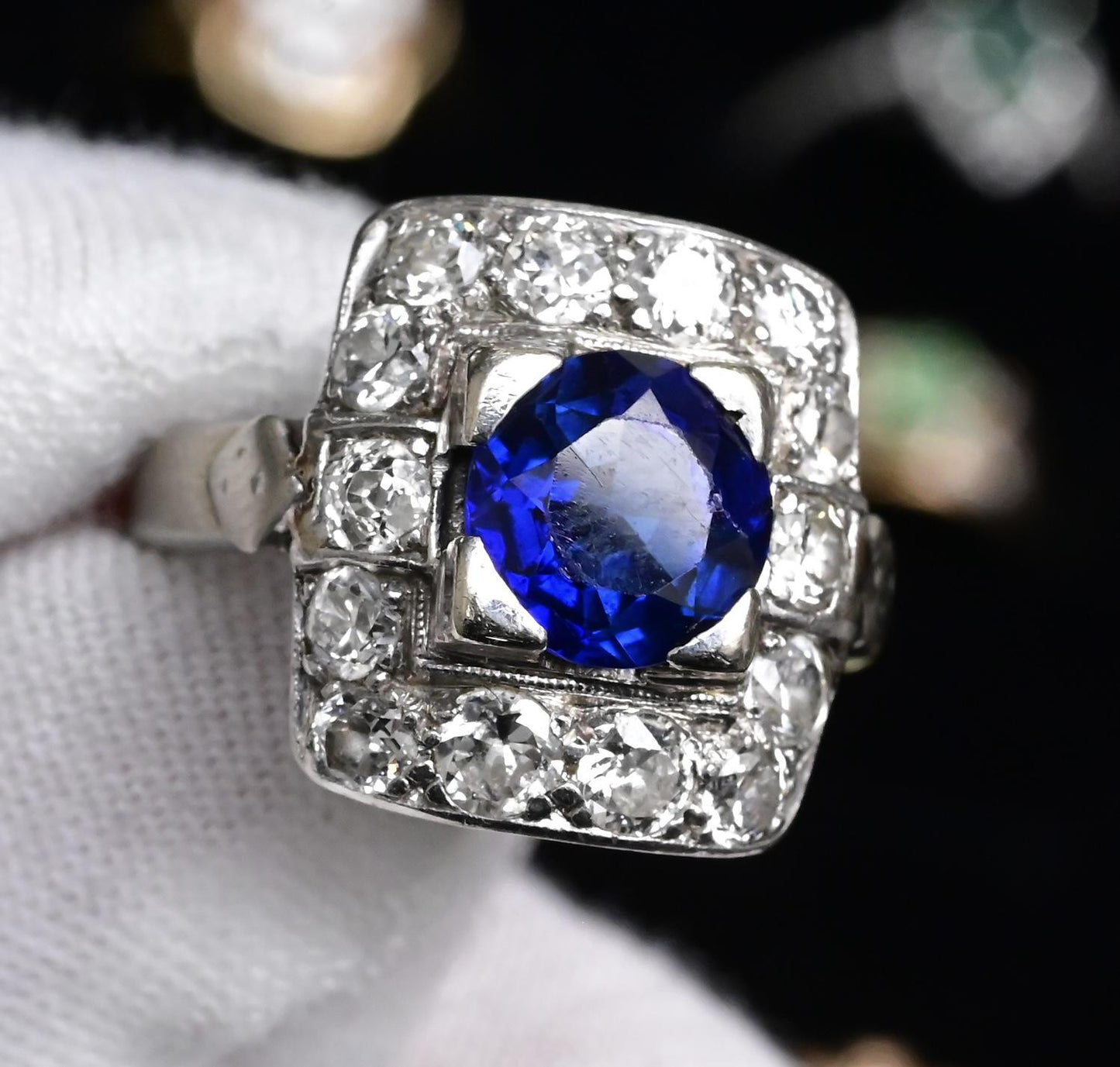 Art Deco 14K White Gold Diamond & Sapphire Ring Size 5 IGI Certified