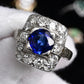 Art Deco 14K White Gold Diamond & Sapphire Ring Size 5 IGI Certified