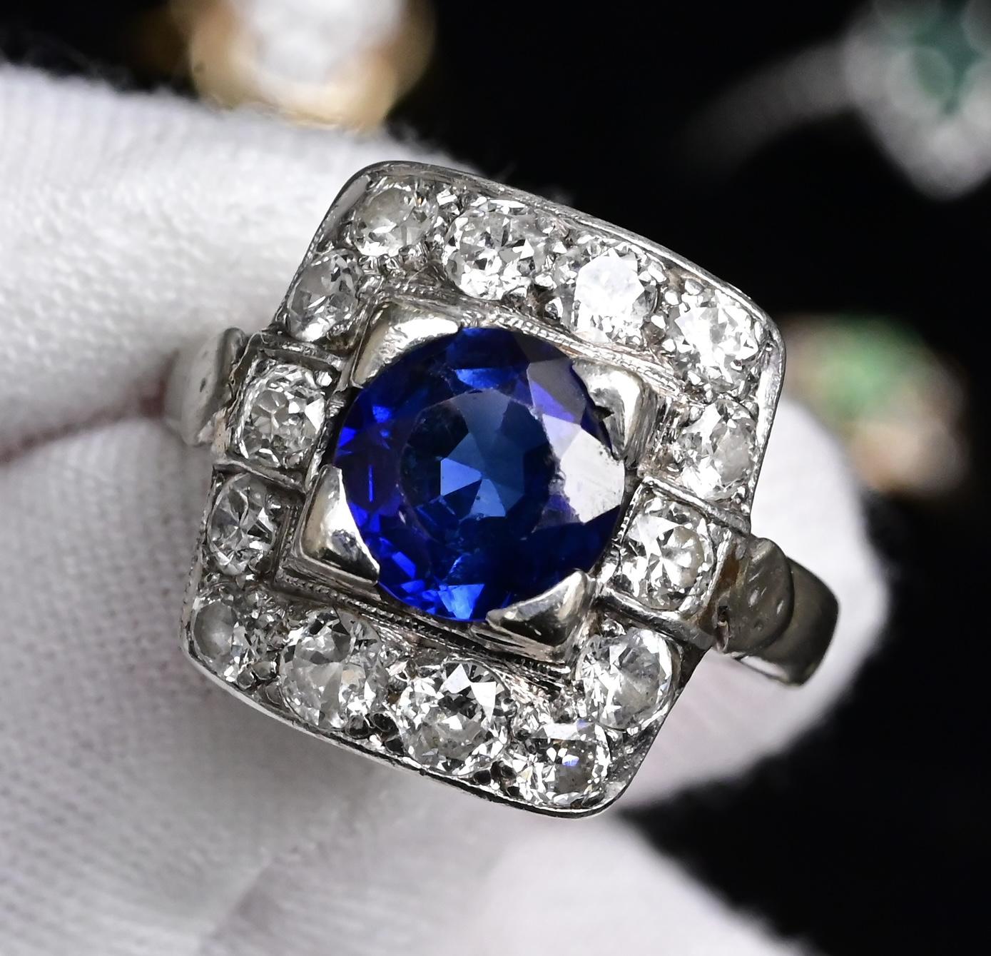 Art Deco 14K White Gold Diamond & Sapphire Ring Size 5 IGI Certified