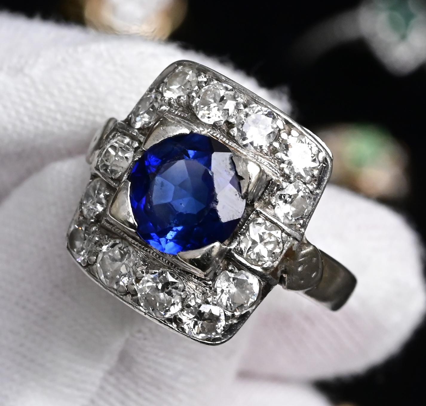 Art Deco 14K White Gold Diamond & Sapphire Ring Size 5 IGI Certified