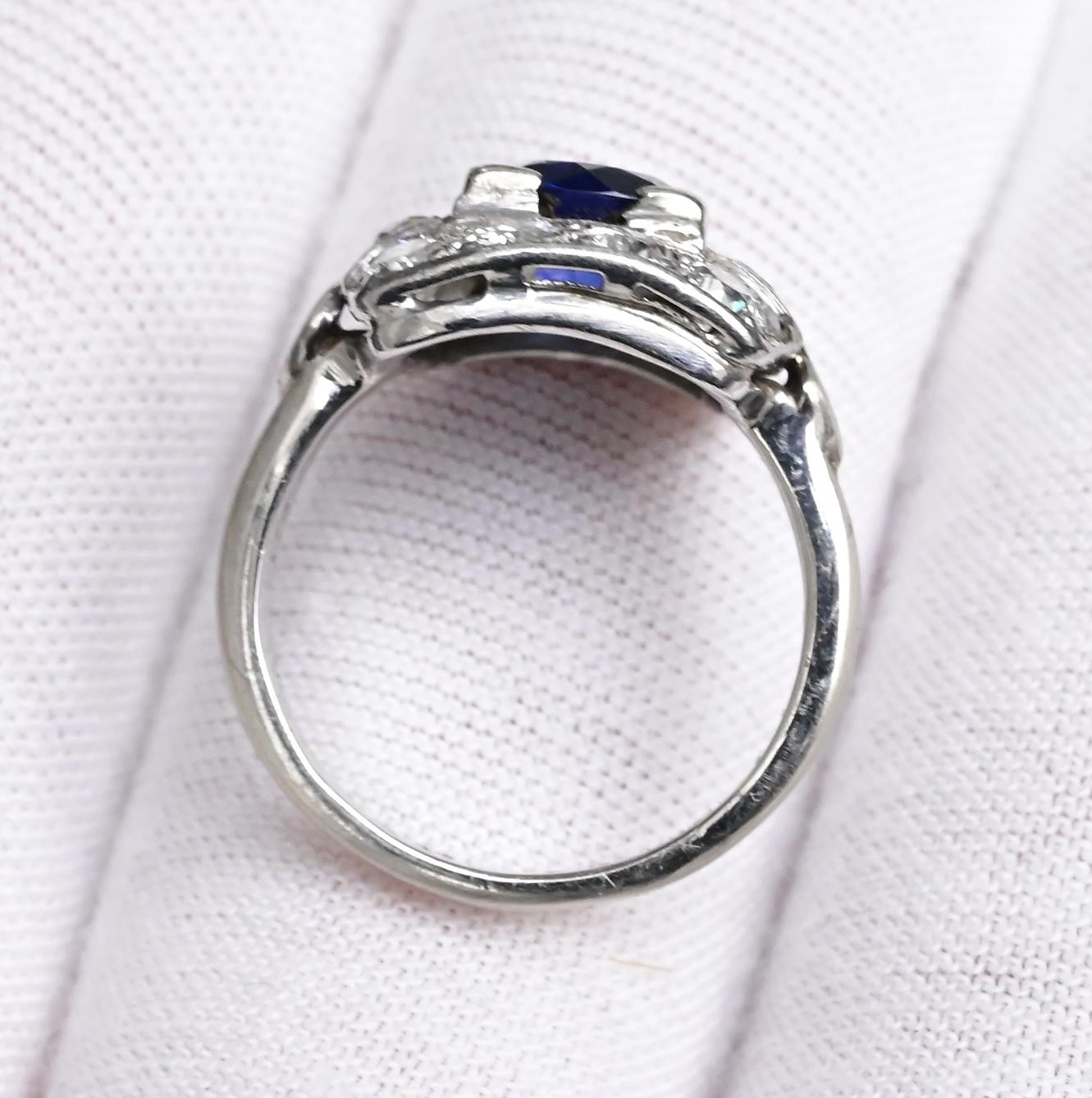 Art Deco 14K White Gold Diamond & Sapphire Ring Size 5 IGI Certified