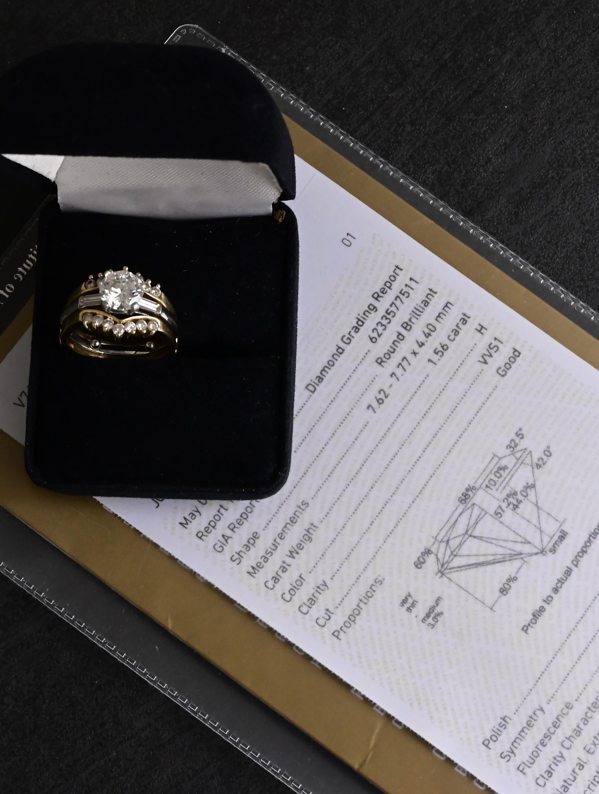 GIA Certified 1.56ct VVS1 H Diamond Platinum Ring w/ 14K Gold Enhancer 8.83g