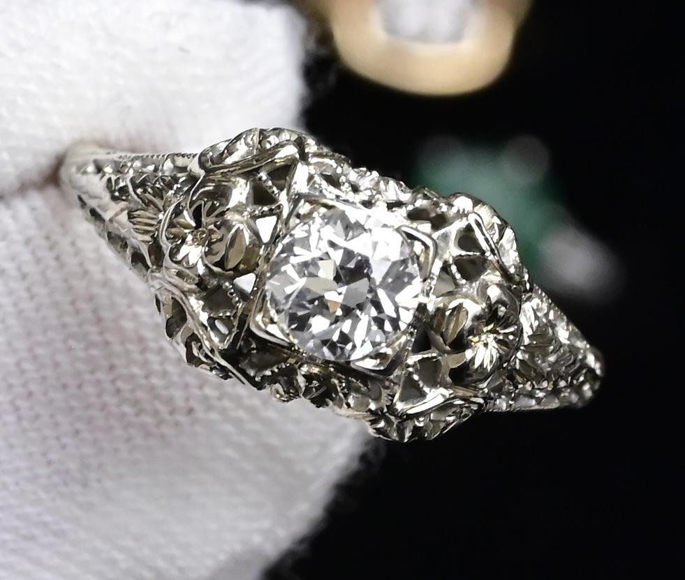 IGI Certified Art Deco 18K White Gold Diamond Ring Size 5.25