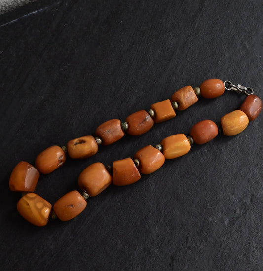 Antique Tibetan Butterscotch Amber Necklace 77.71g 15.25" Barrel Beads