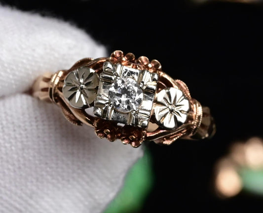 IGI Certified Vintage 14K Yellow & White Gold Floral Diamond Ring Size 5.75