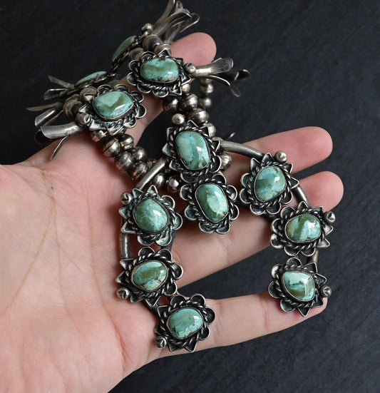 Vintage Navajo Sterling Silver Squash Blossom Necklace 191g Turquoise 25.5"