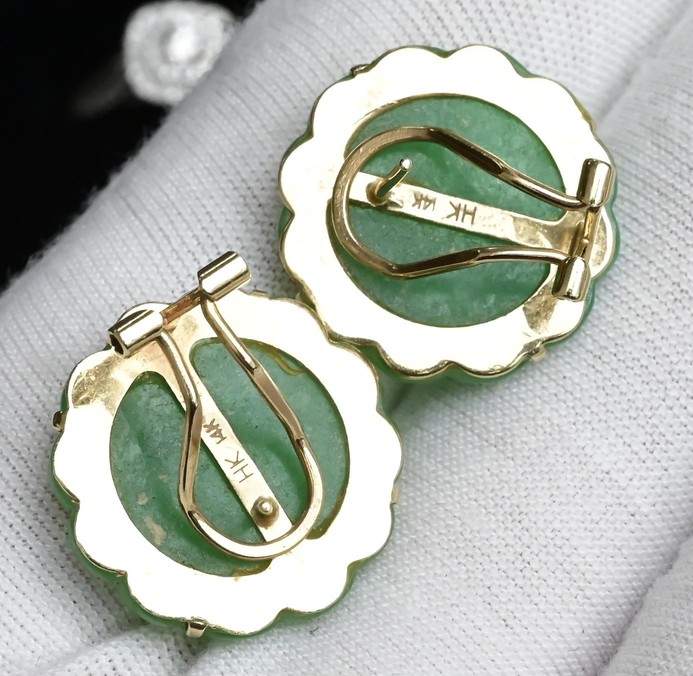 14K Yellow Gold Natural Jade Jadeite Earrings 6.4 DWT IGI Certified