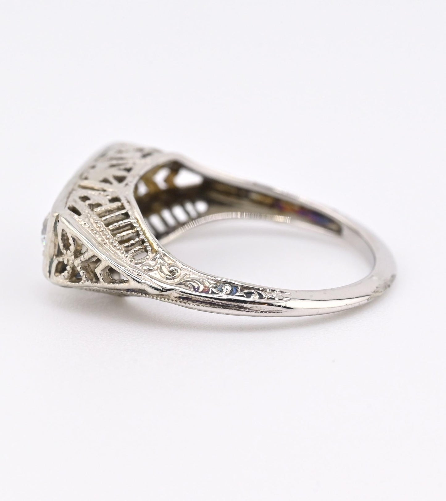 Art Deco 18K White Gold Ring Sapphire & 0.34ct Natural Diamonds Size 4.5