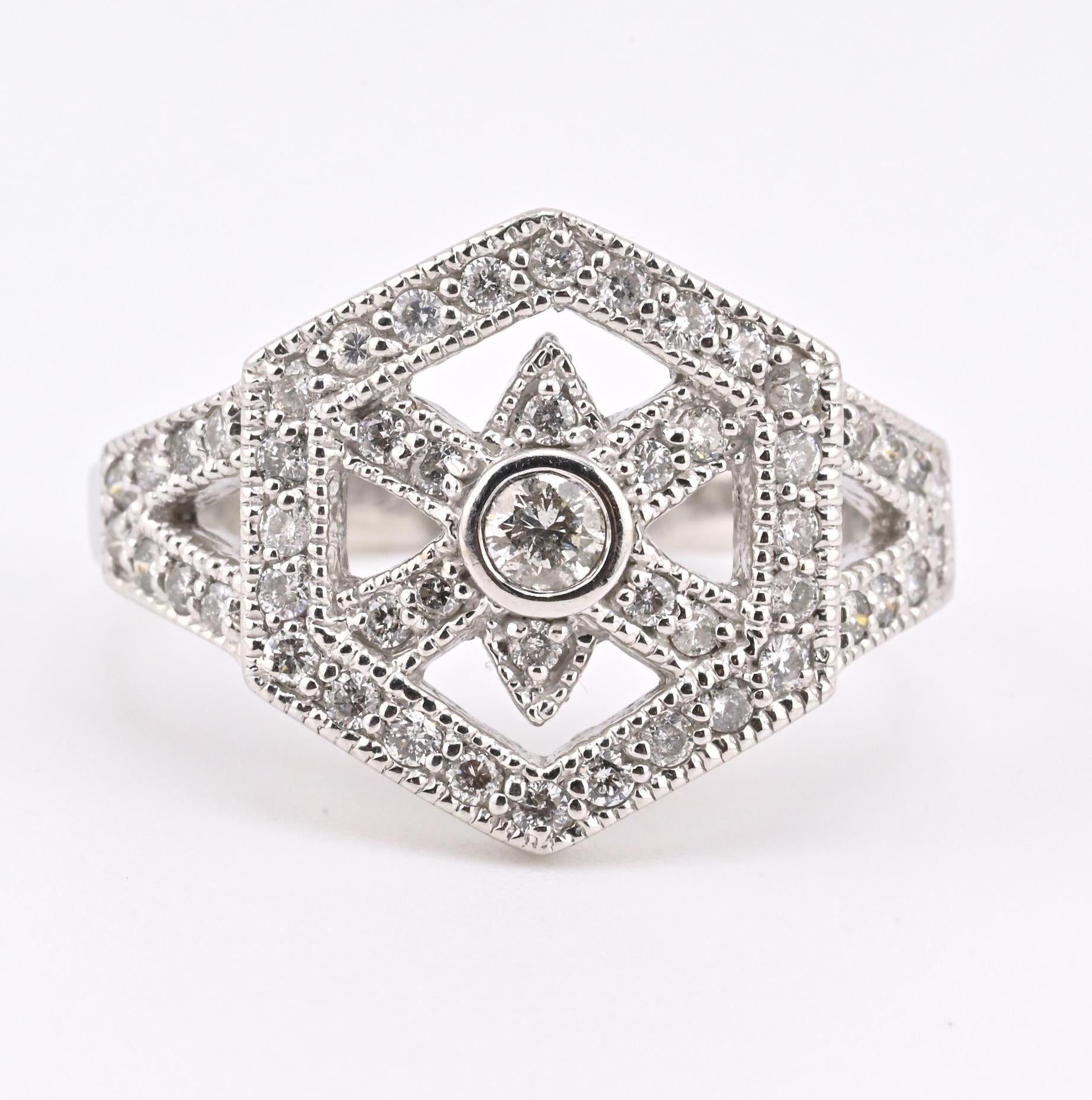 IGI Certified 14K White Gold Geometric Diamond Ring – 0.75 TCW, Size 8