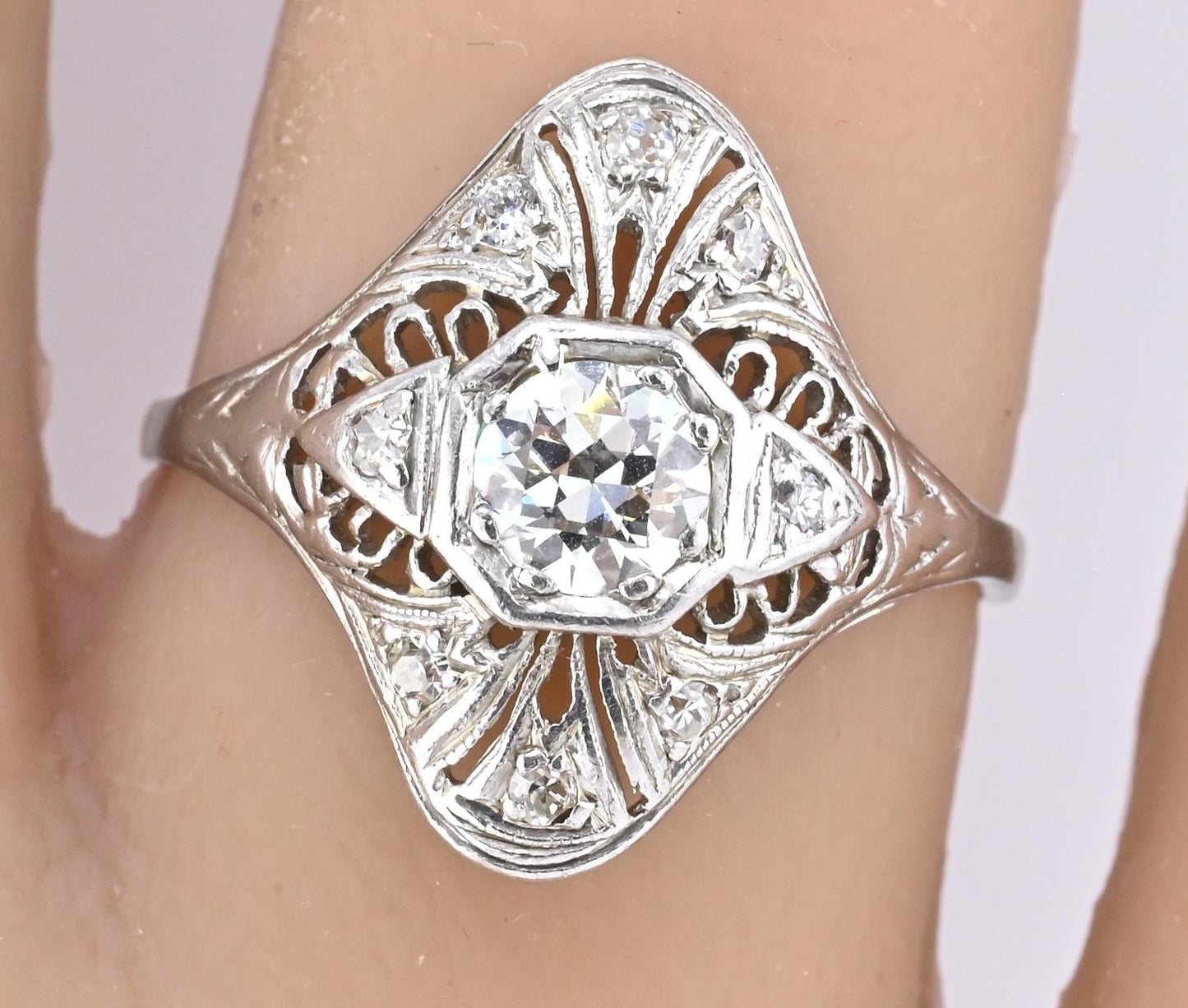 Art Deco Platinum Diamond Ring .50 Carats Center Stone Ring Size 8.75 IGI Cert.