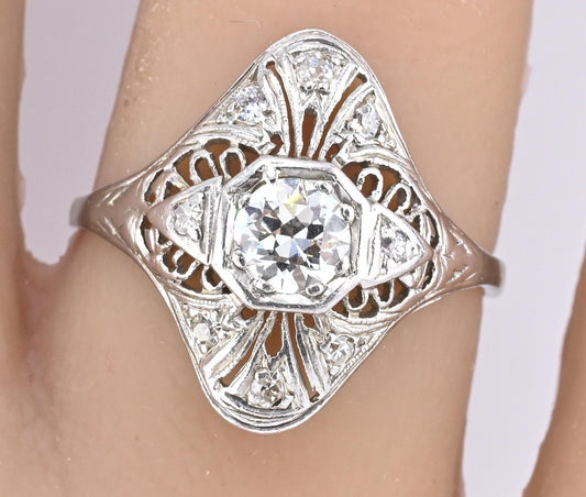 Art Deco Platinum Diamond Ring .50 Carats Center Stone Ring Size 8.75 IGI Cert.