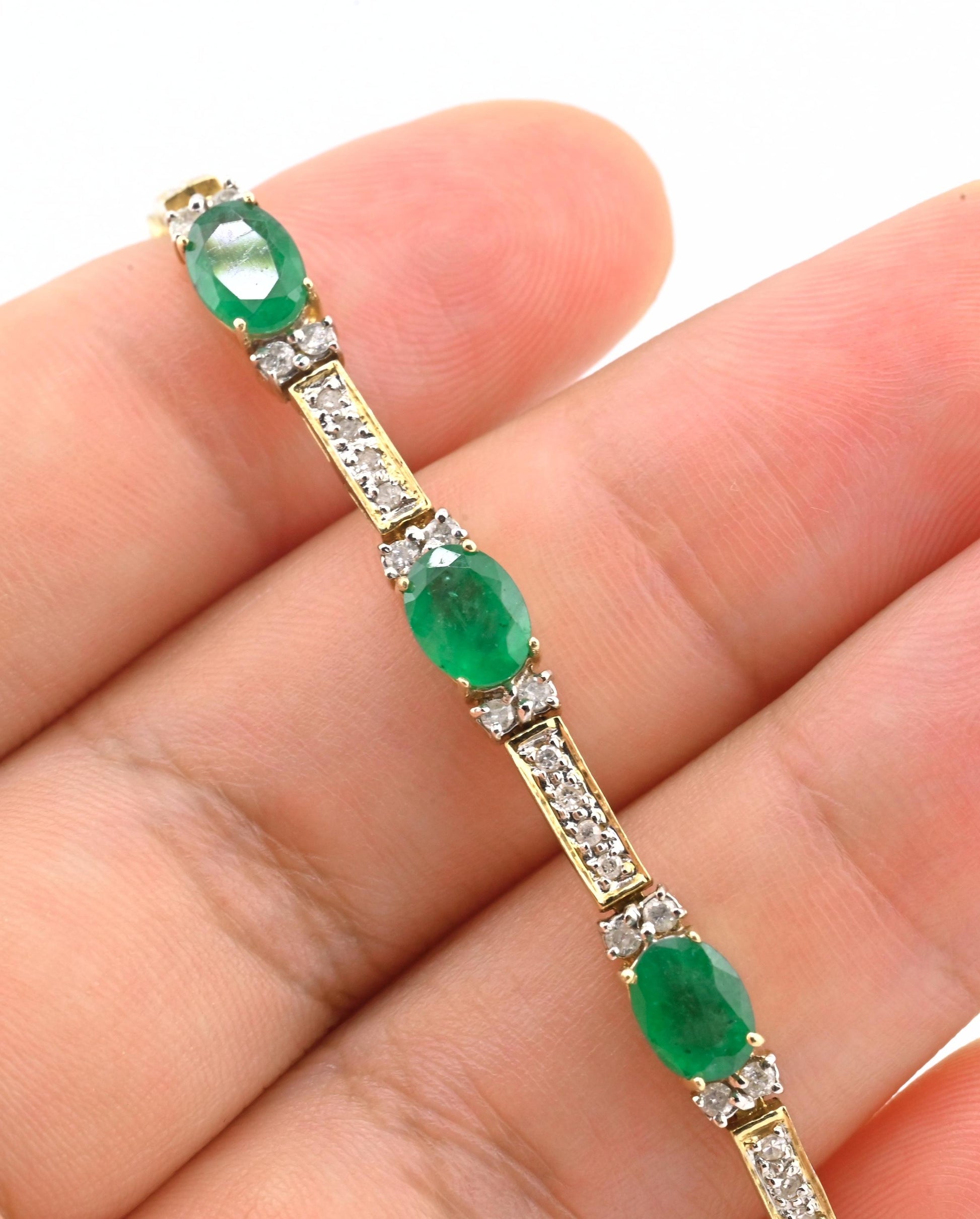 14K Yellow Gold Bracelet 6.03ct Emeralds & 0.93ct Diamond Accents 7 Inches