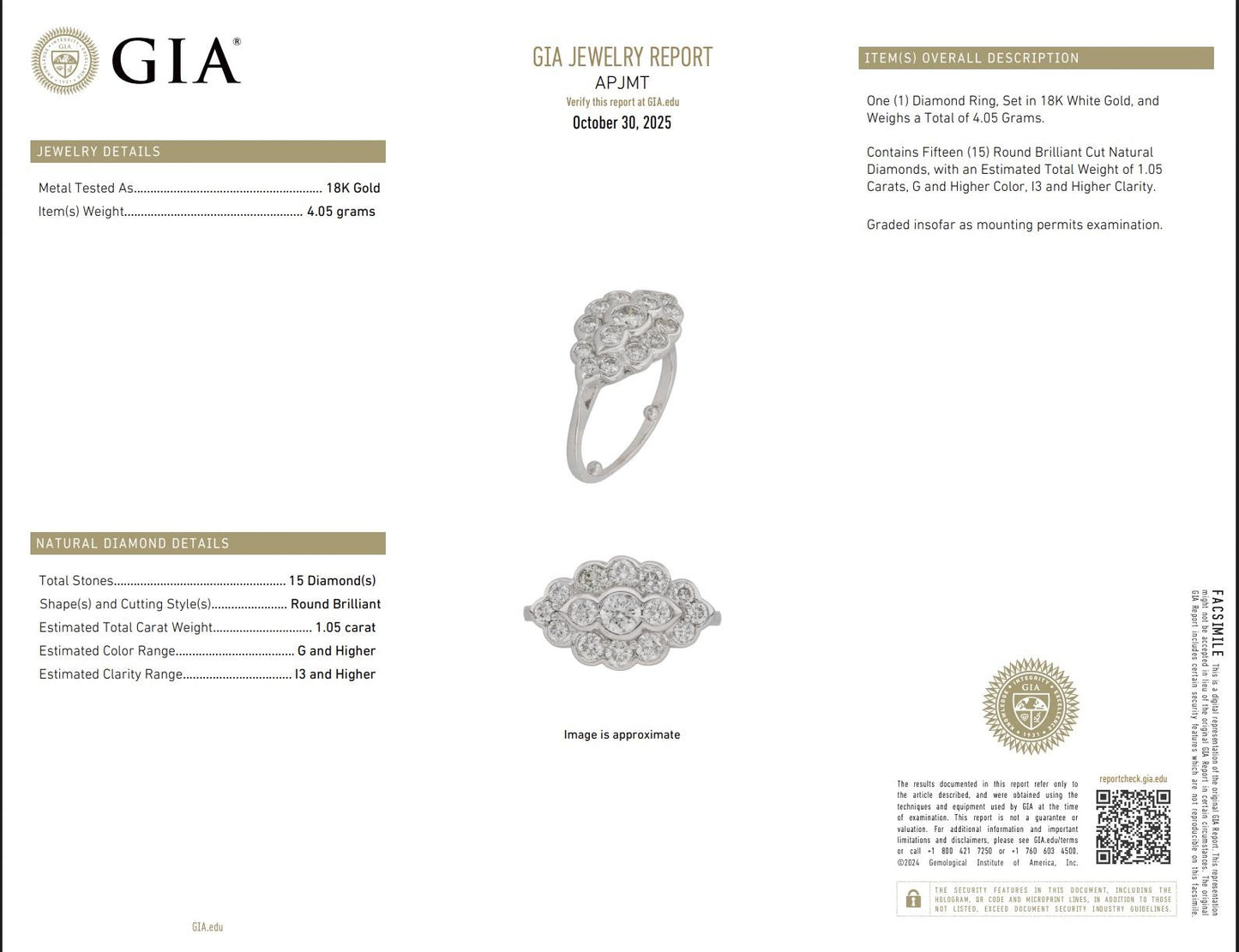 18K White Gold Diamond Ring 1.05 TCW G Color Ring Size 5 GIA Certified