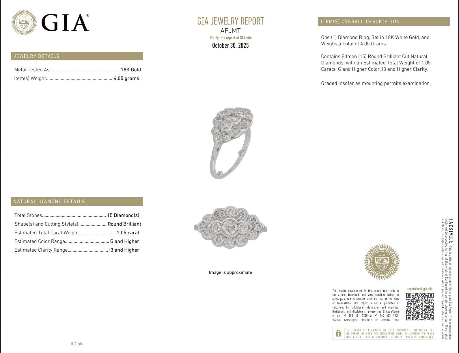 18K White Gold Diamond Ring 1.05 TCW G Color Ring Size 5 GIA Certified