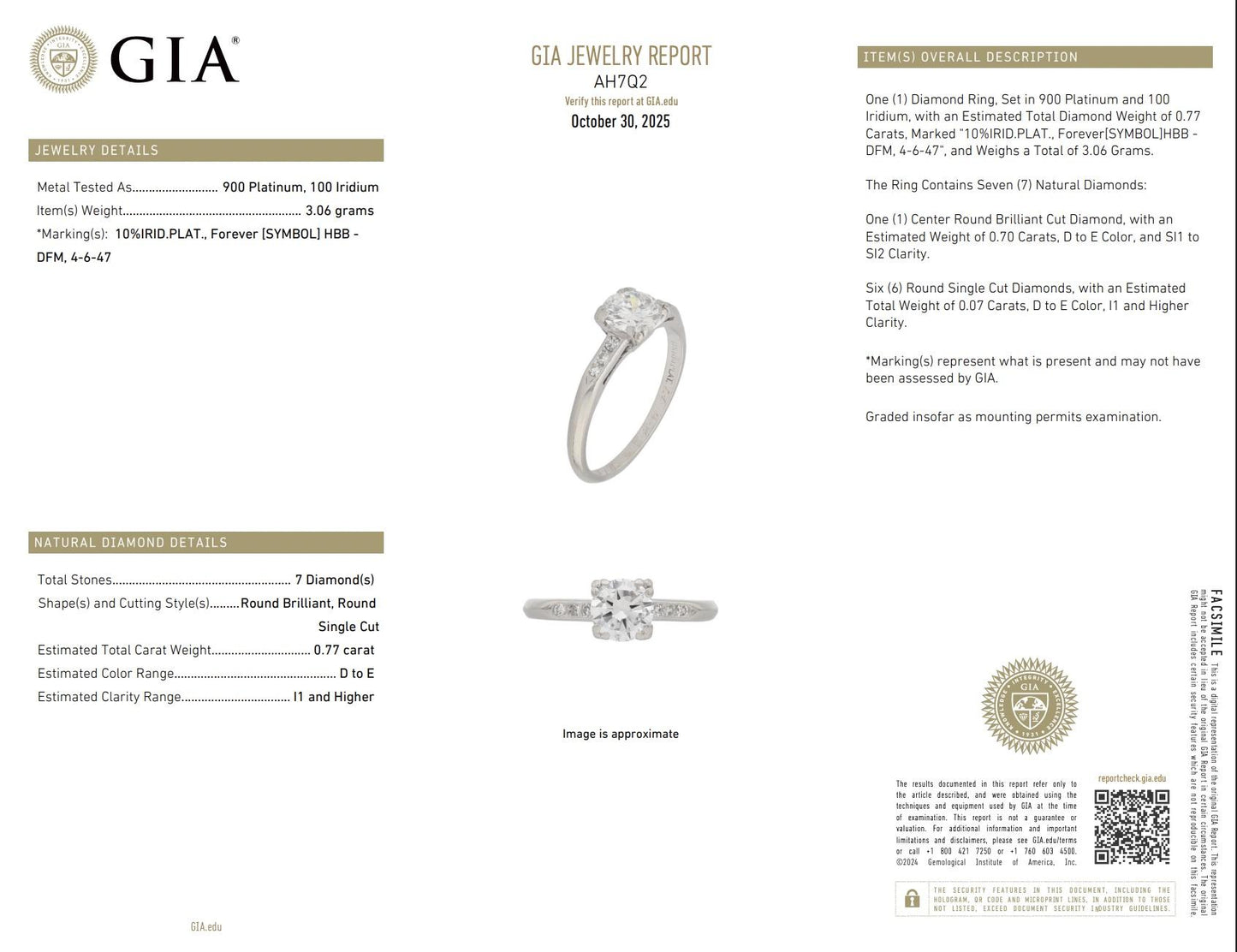 Platinum Diamond Ring GIA Certified 0.70 Center Stone D Color SI1 Ring Size 6