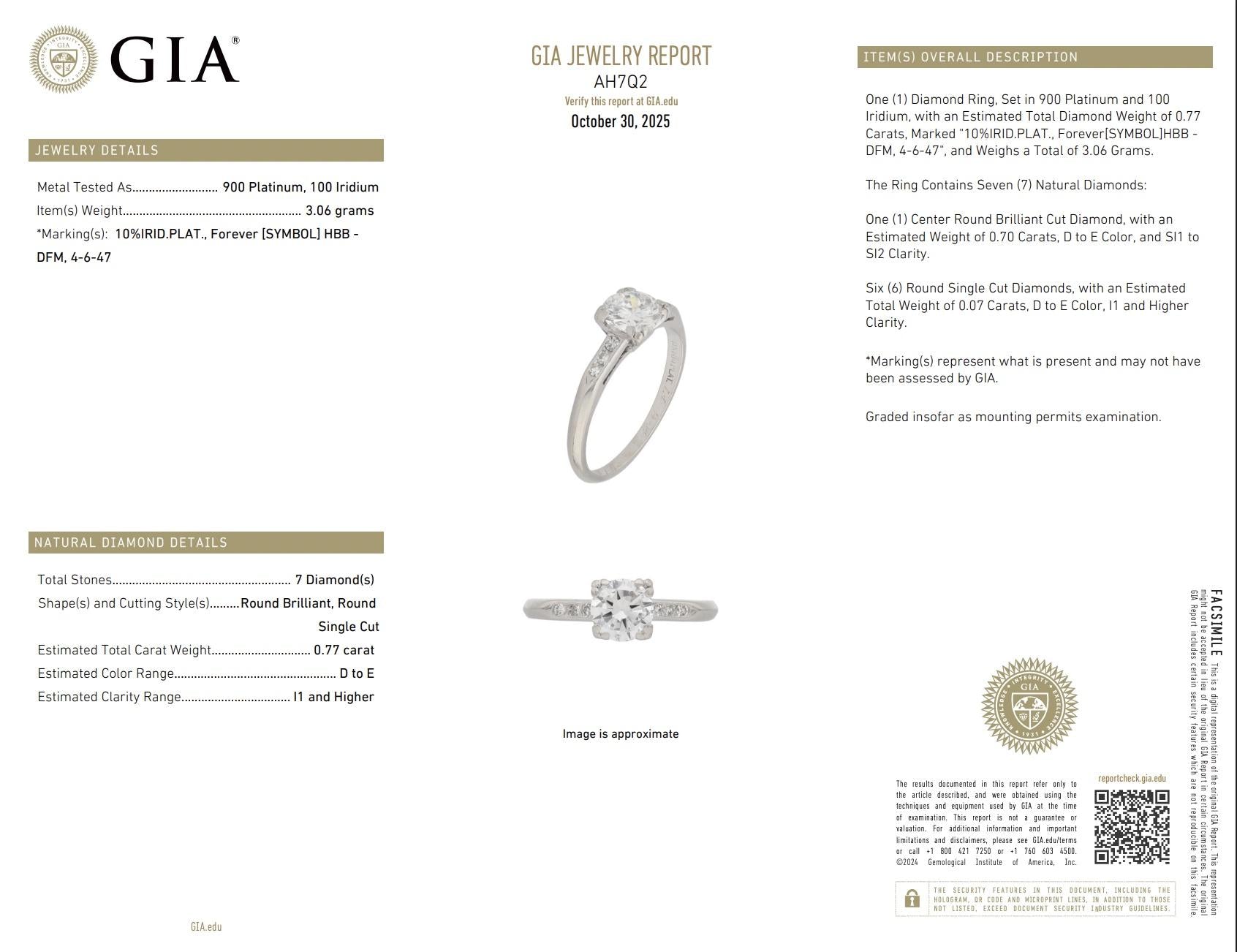 Platinum Diamond Ring GIA Certified 0.70 Center Stone D Color SI1 Ring Size 6
